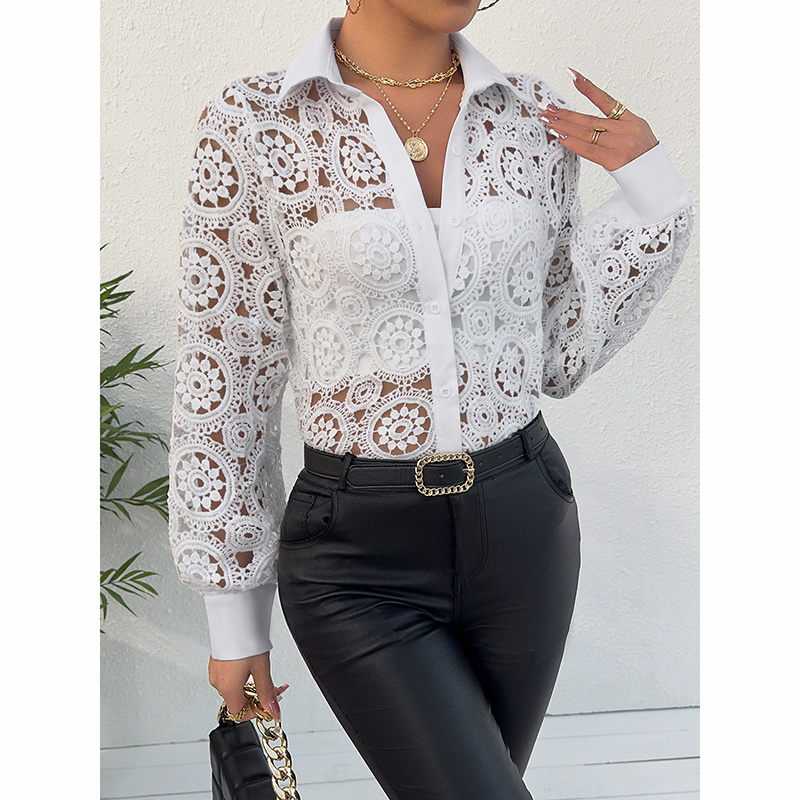 Women’s Lace Floral Blouse – Boho Long Sleeve Button-Down Top - Image 3