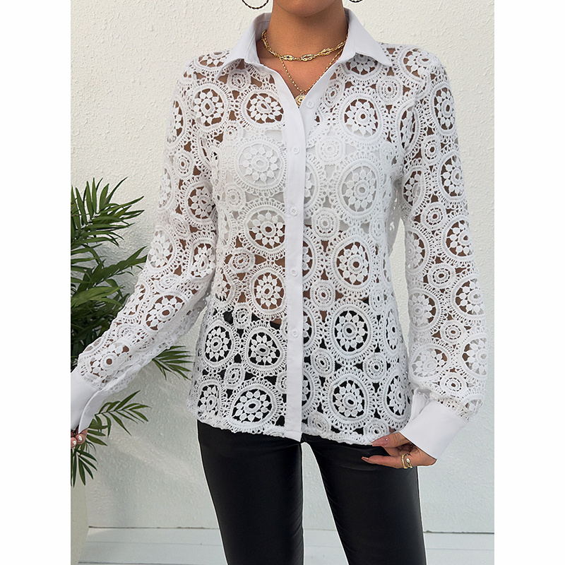 Women’s Lace Floral Blouse – Boho Long Sleeve Button-Down Top - Image 4
