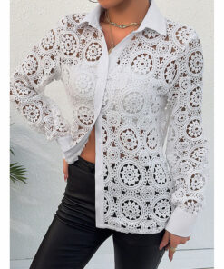 Alternative view of Women’s Lace Floral Blouse – Boho Long Sleeve Button-Down Top