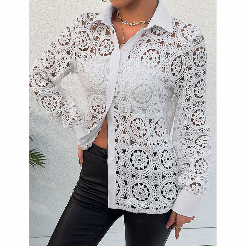 Women’s Lace Floral Blouse – Boho Long Sleeve Button-Down Top - Image 2