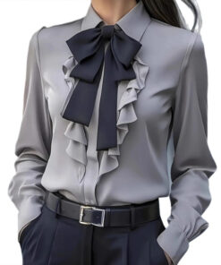 Alternative view of Women’s Ruffle Trim Blouse with Black Bow Tie – Elegant Long Sleeve Office Shirt