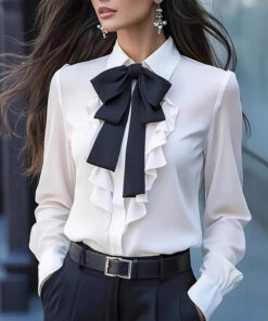 women’s ruffle trim blouse with black bow tie